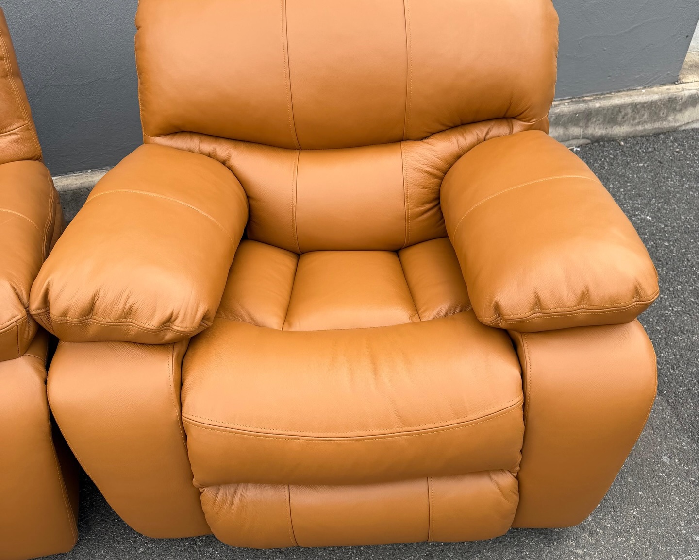 Tan genuine leather recliner set restored by Wan-Puck Upholstery