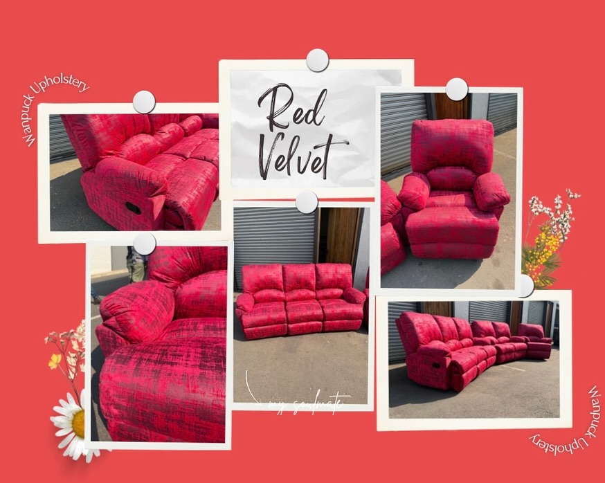 Red velvet couch buttoned back detail