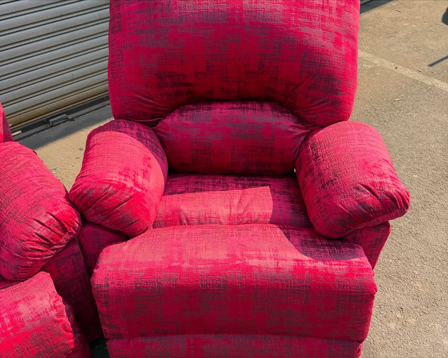 Red velvet couch full view