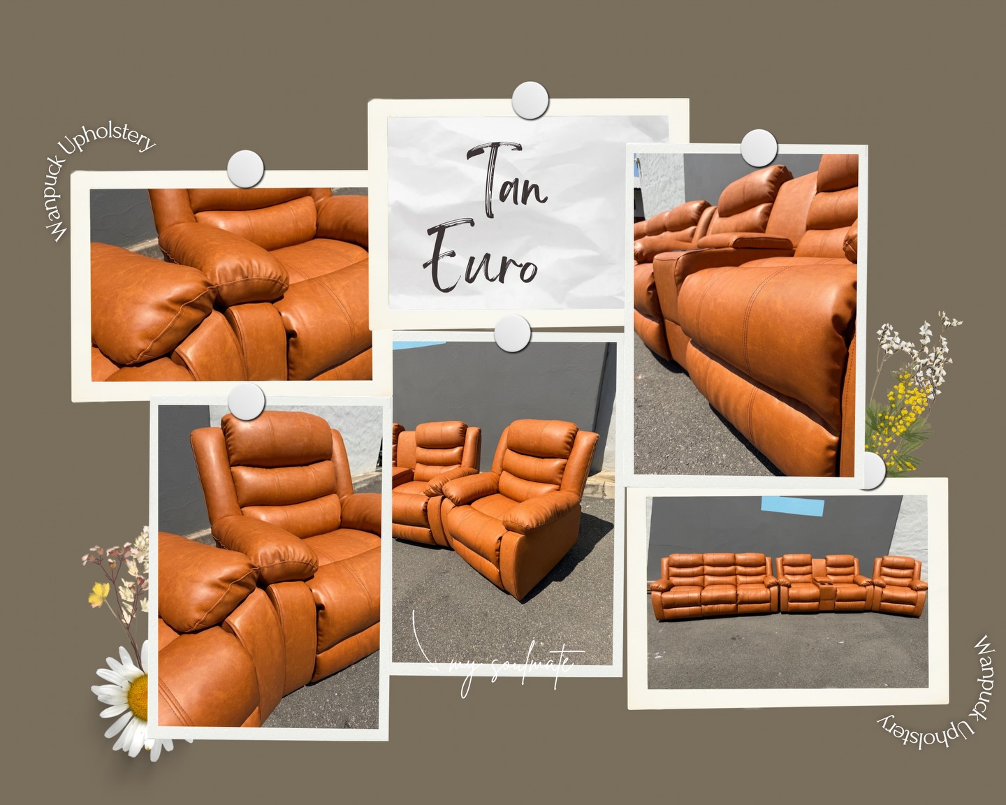 Tan Euro leather finish detail on a recliner by Wan-Puck Upholstery